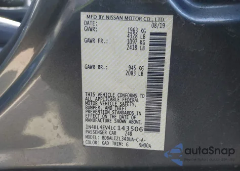 2020 Nissan Altima Sl Fwd z USA, uszkodzony, nr VIN 1N4BL4EV4LC143506